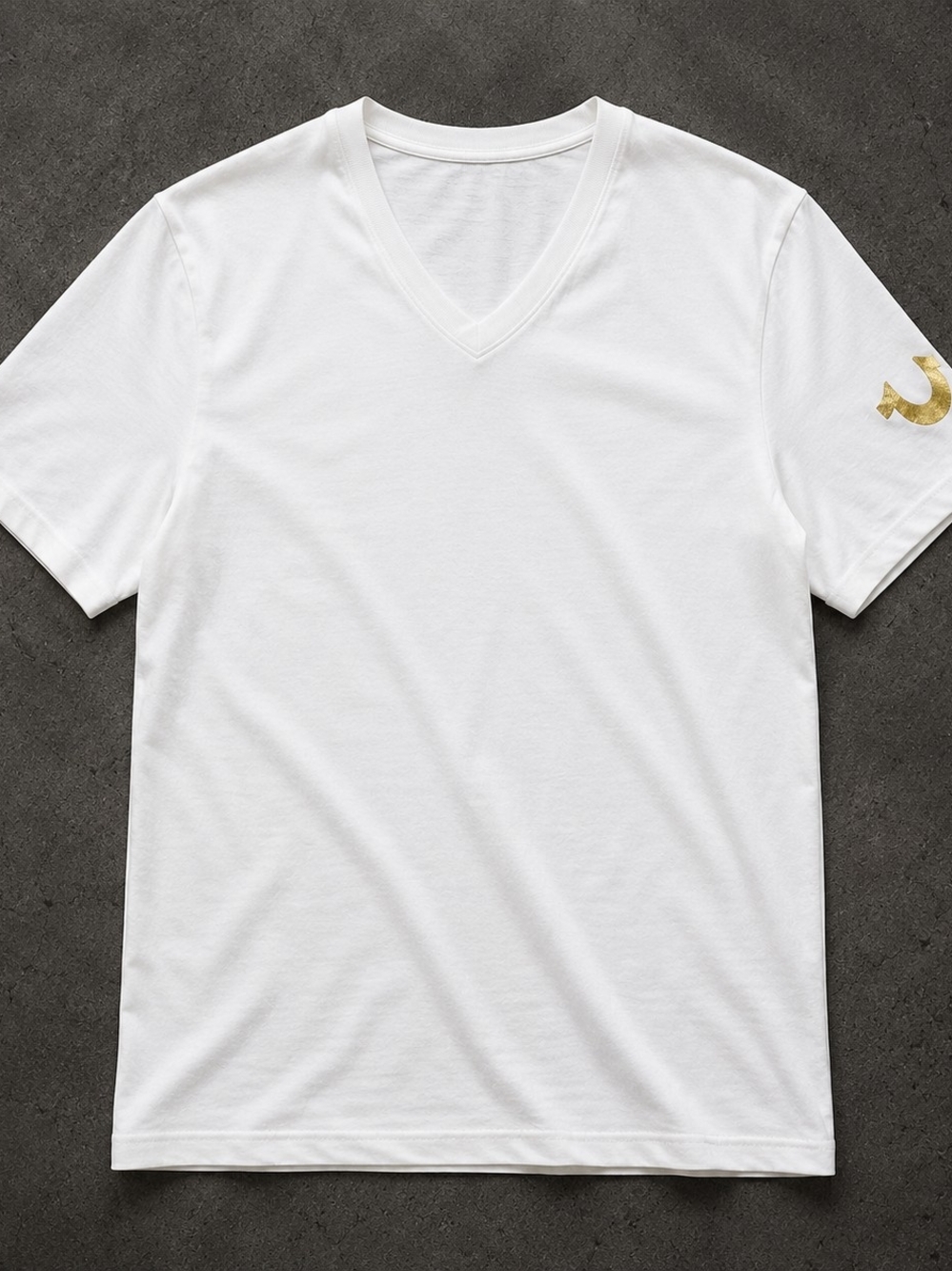 True Religion Men's White V-Neck T-Shirt Gold Horseshoe Logo Size Medium